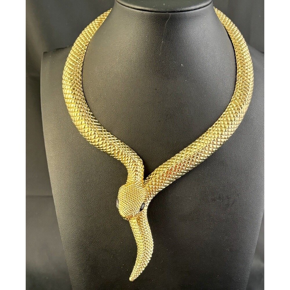 Snake Gold Toned Collar Wrap Hinged Textured 3D Necklace Reptile Serpent